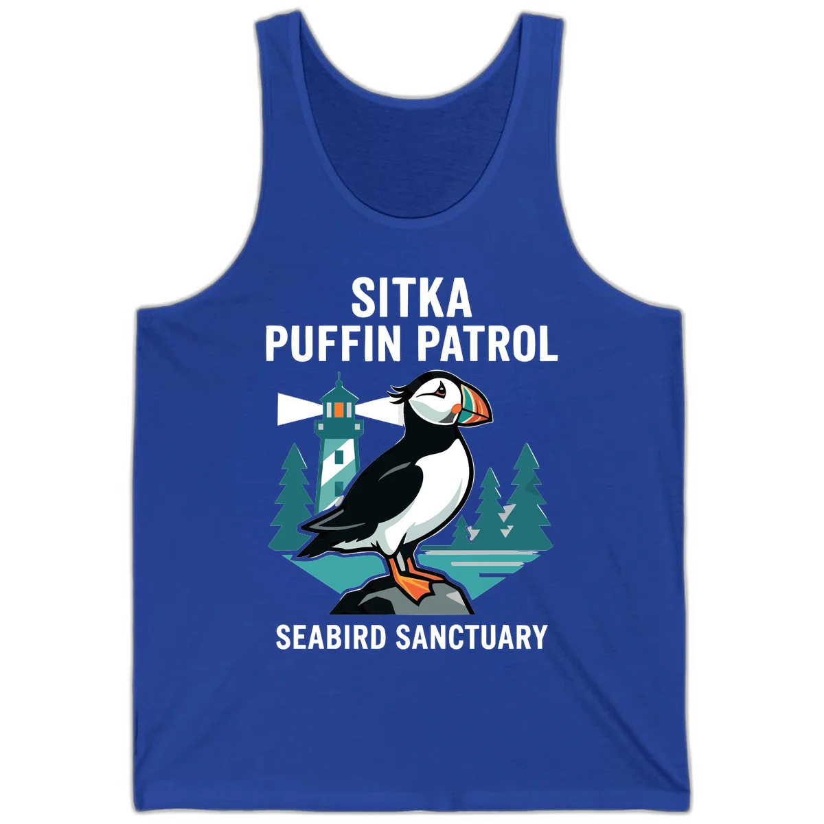 Sitka Puffin Patrol Seabird Sanctuary Tank Top in True Royal
