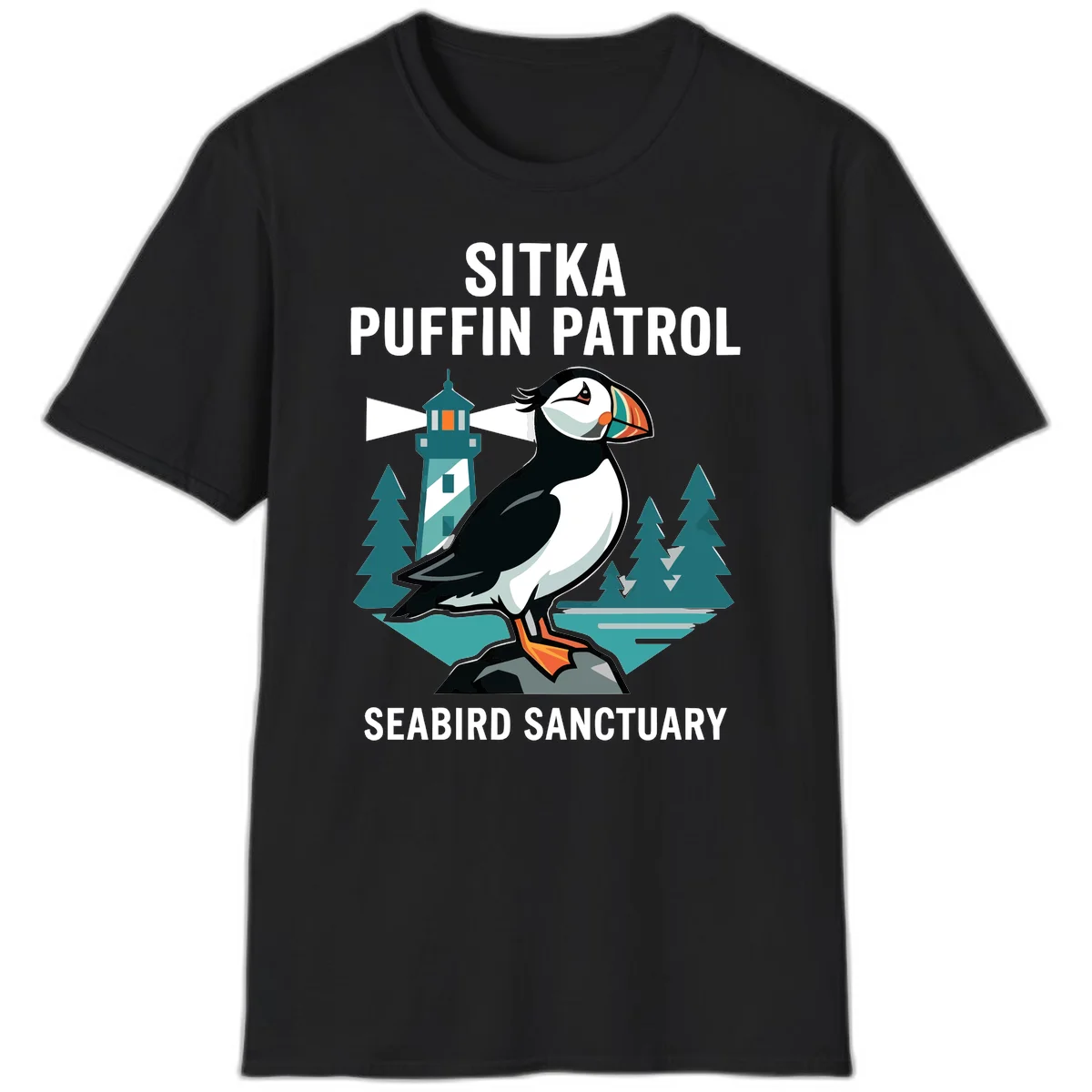 Sitka Puffin Patrol Seabird Sanctuary T-Shirt in Black