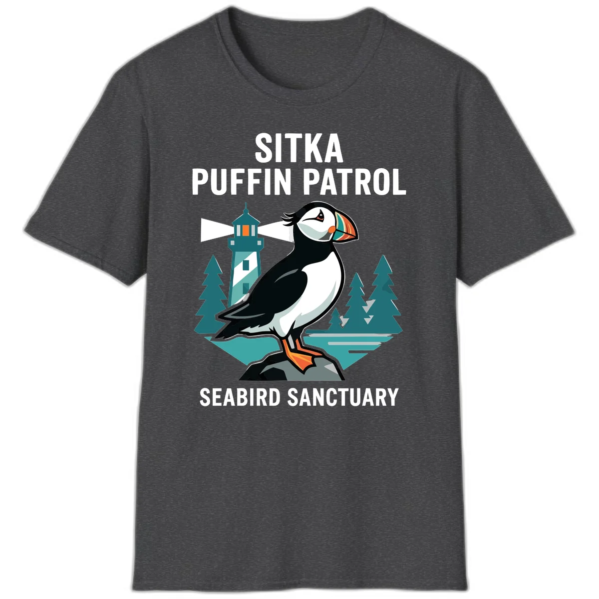 Sitka Puffin Patrol Seabird Sanctuary T-Shirt in Dark Heather