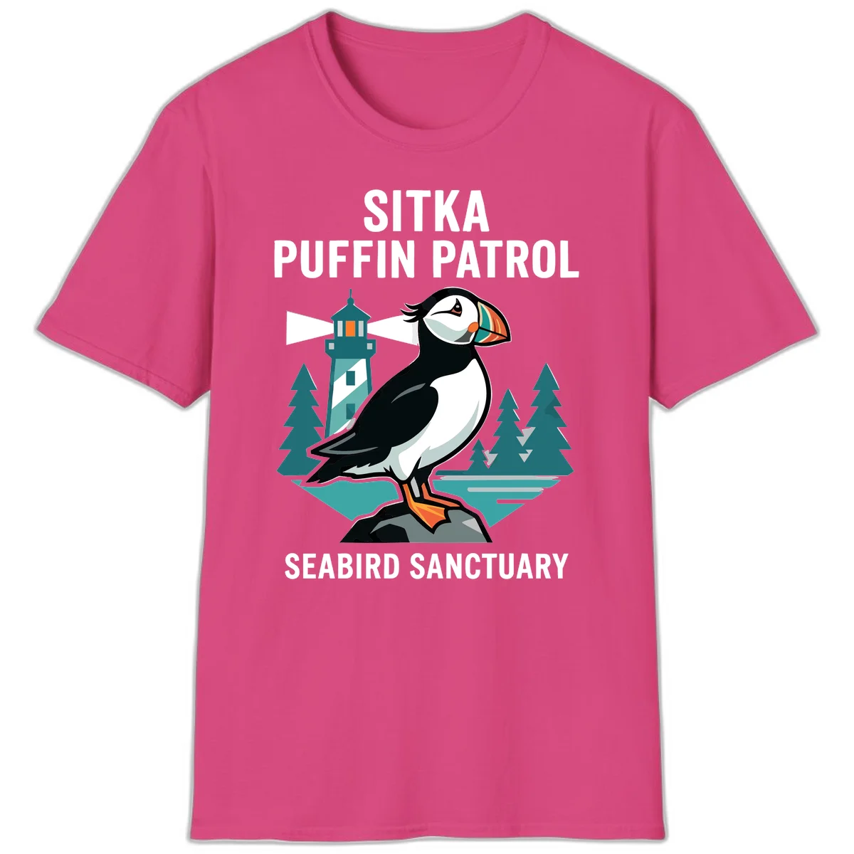 Sitka Puffin Patrol Seabird Sanctuary T-Shirt in Heliconia