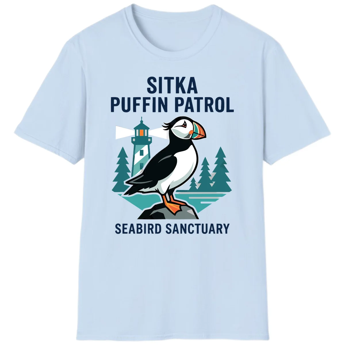 Sitka Puffin Patrol Seabird Sanctuary T-Shirt in Light Blue