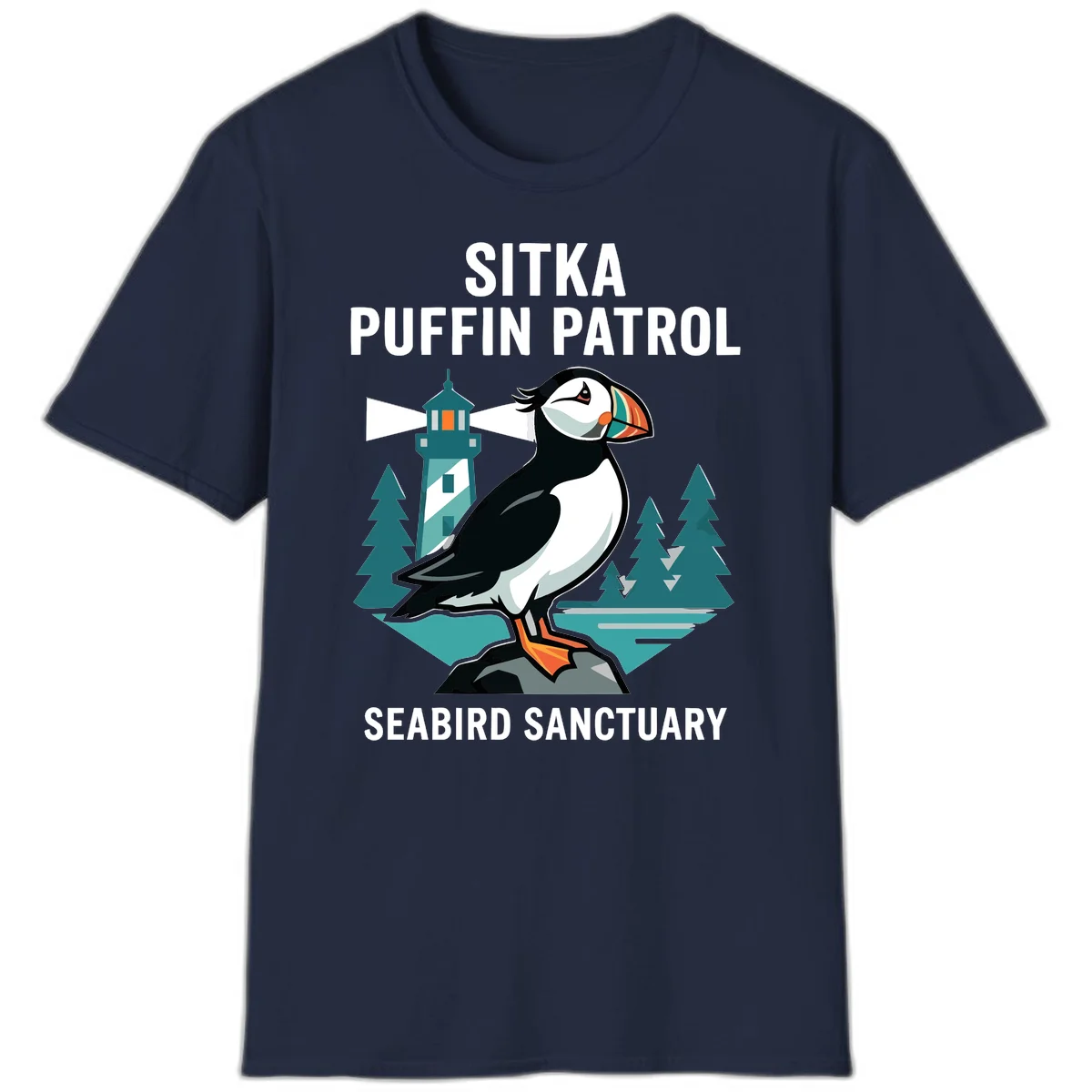 Sitka Puffin Patrol Seabird Sanctuary T-Shirt in Navy