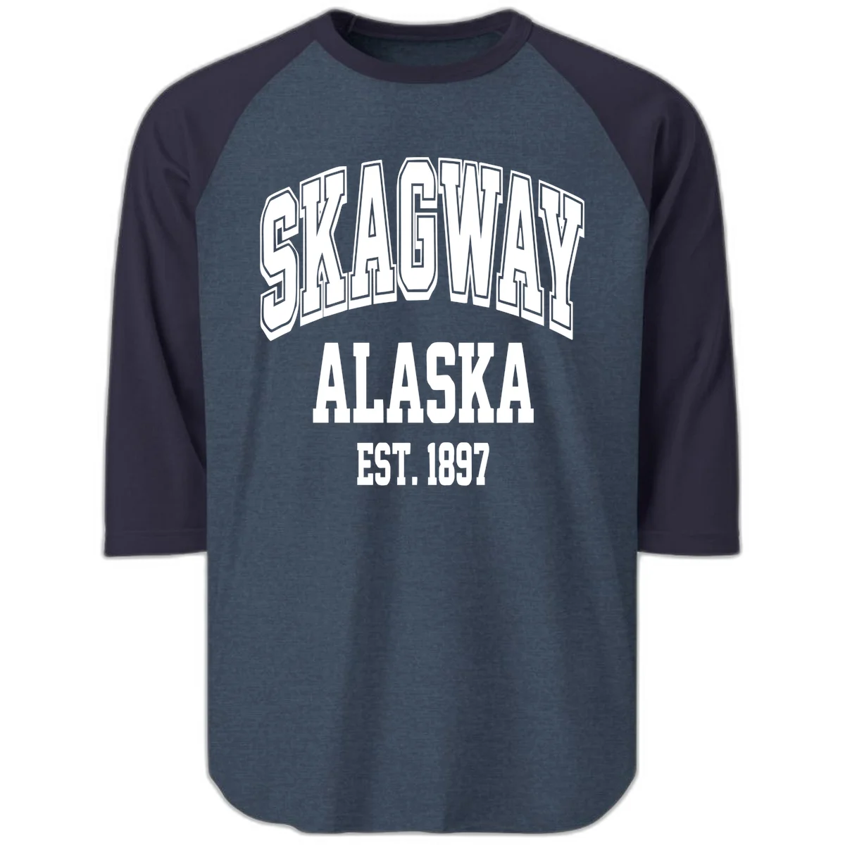 Skagway Alaska Established 1897 Raglan 3/4 in Heather Denim Navy