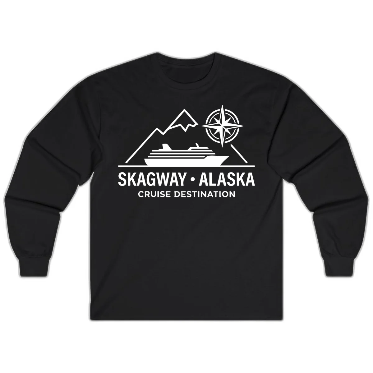 Skagway Alaska Mountain Cruise Compass Journey Long Sleeve Tee in Black