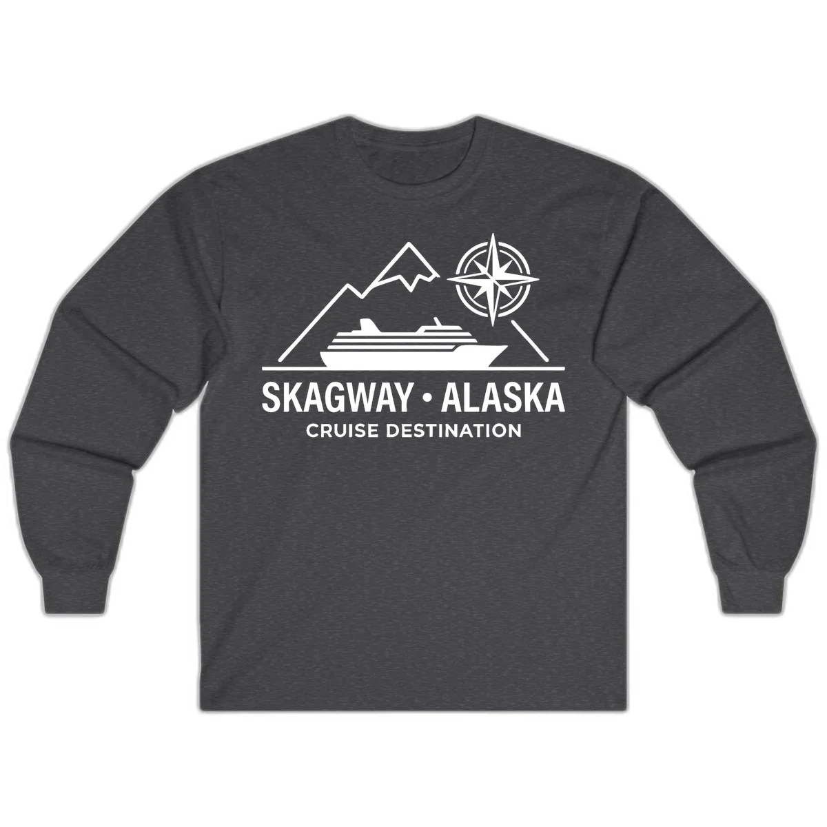 Skagway Alaska Mountain Cruise Compass Journey Long Sleeve Tee in Dark Heather