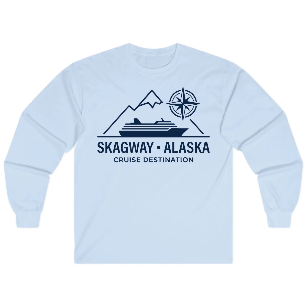 Skagway Alaska Mountain Cruise Compass Journey Long Sleeve Tee in Light Blue