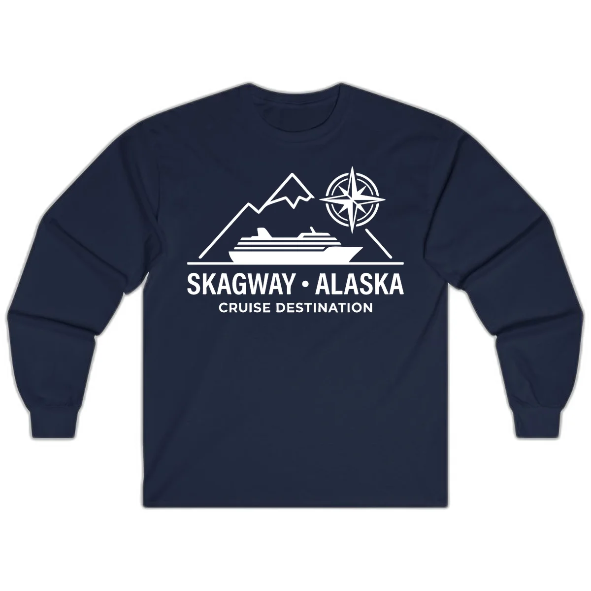 Skagway Alaska Mountain Cruise Compass Journey Long Sleeve Tee in Navy
