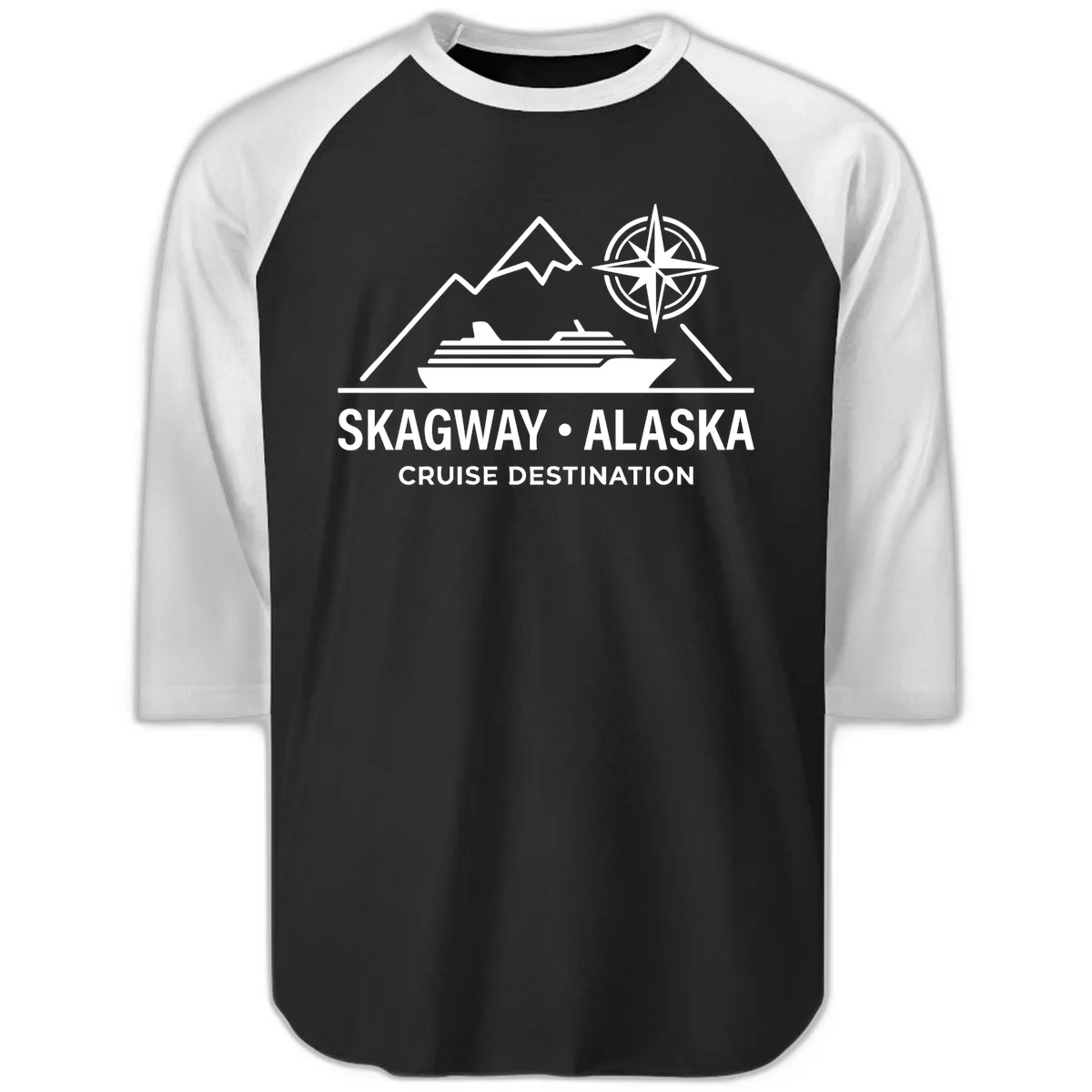 Skagway Alaska Mountain Cruise Compass Journey Raglan 3/4 Sleeve in Black White