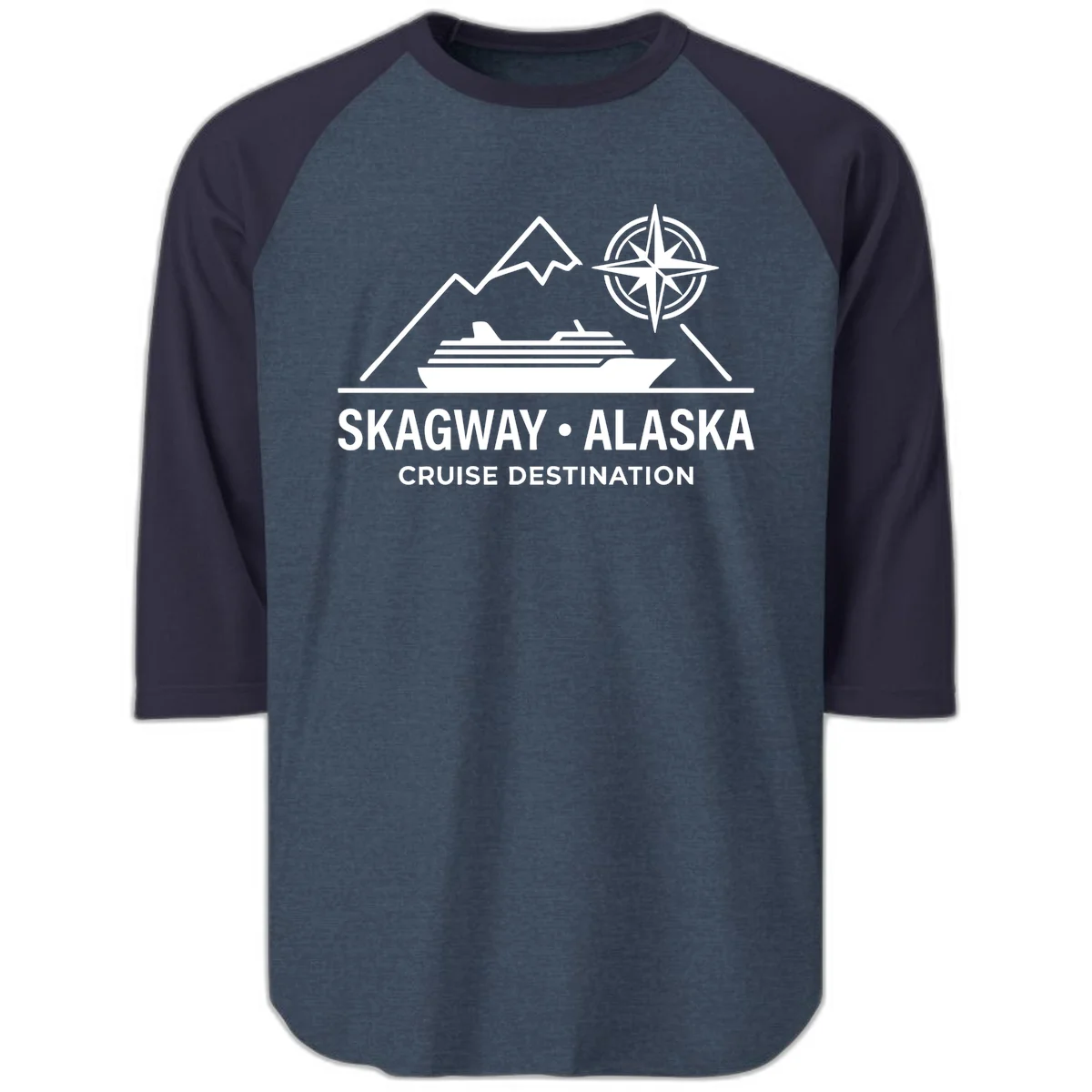 Skagway Alaska Mountain Cruise Compass Journey Raglan 3/4 Sleeve in Heather Denim Navy