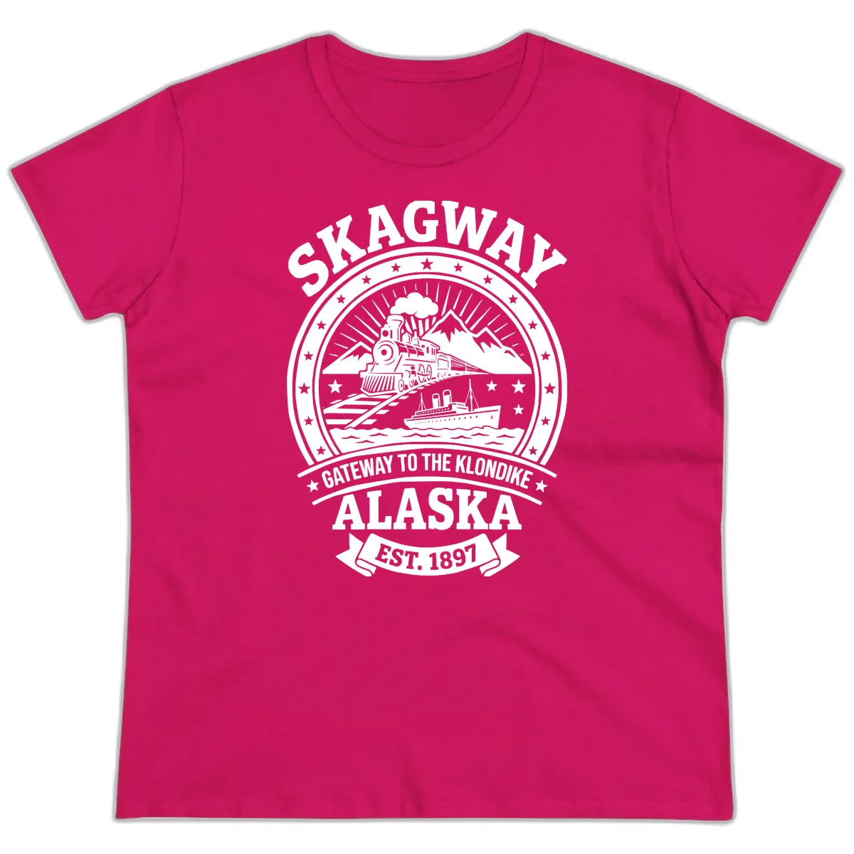 Skagway Gateway to the Klondike Ladies Tee in Heliconia