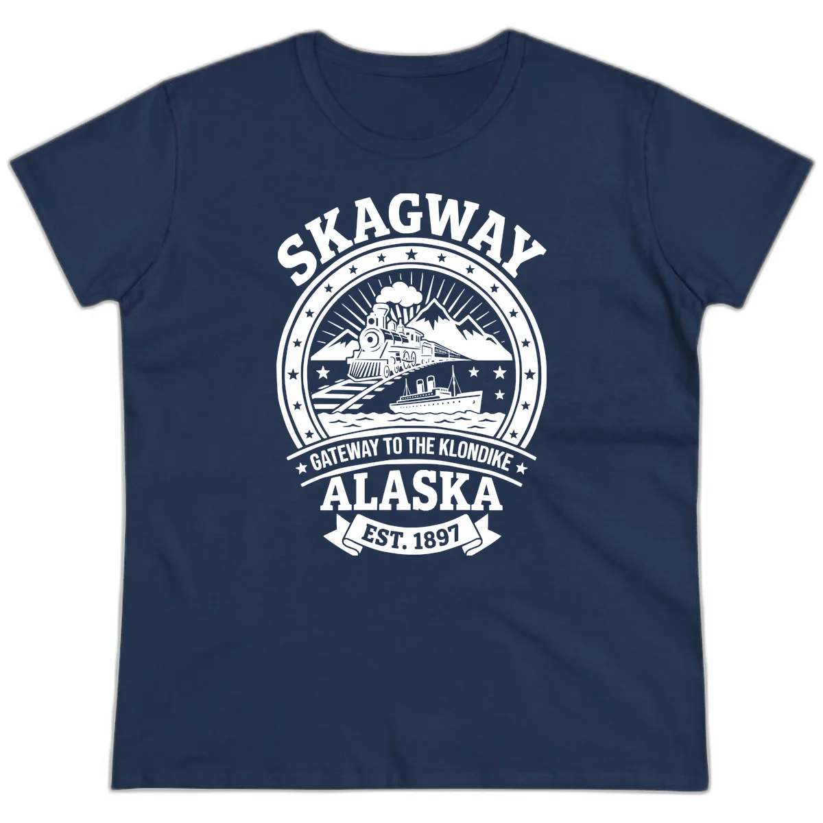 Skagway Gateway to the Klondike Ladies Tee in Navy