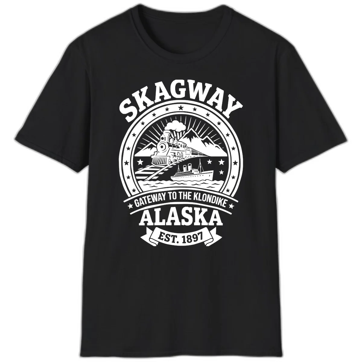 Skagway Gateway to the Klondike Vintage Badge T-Shirt in Black