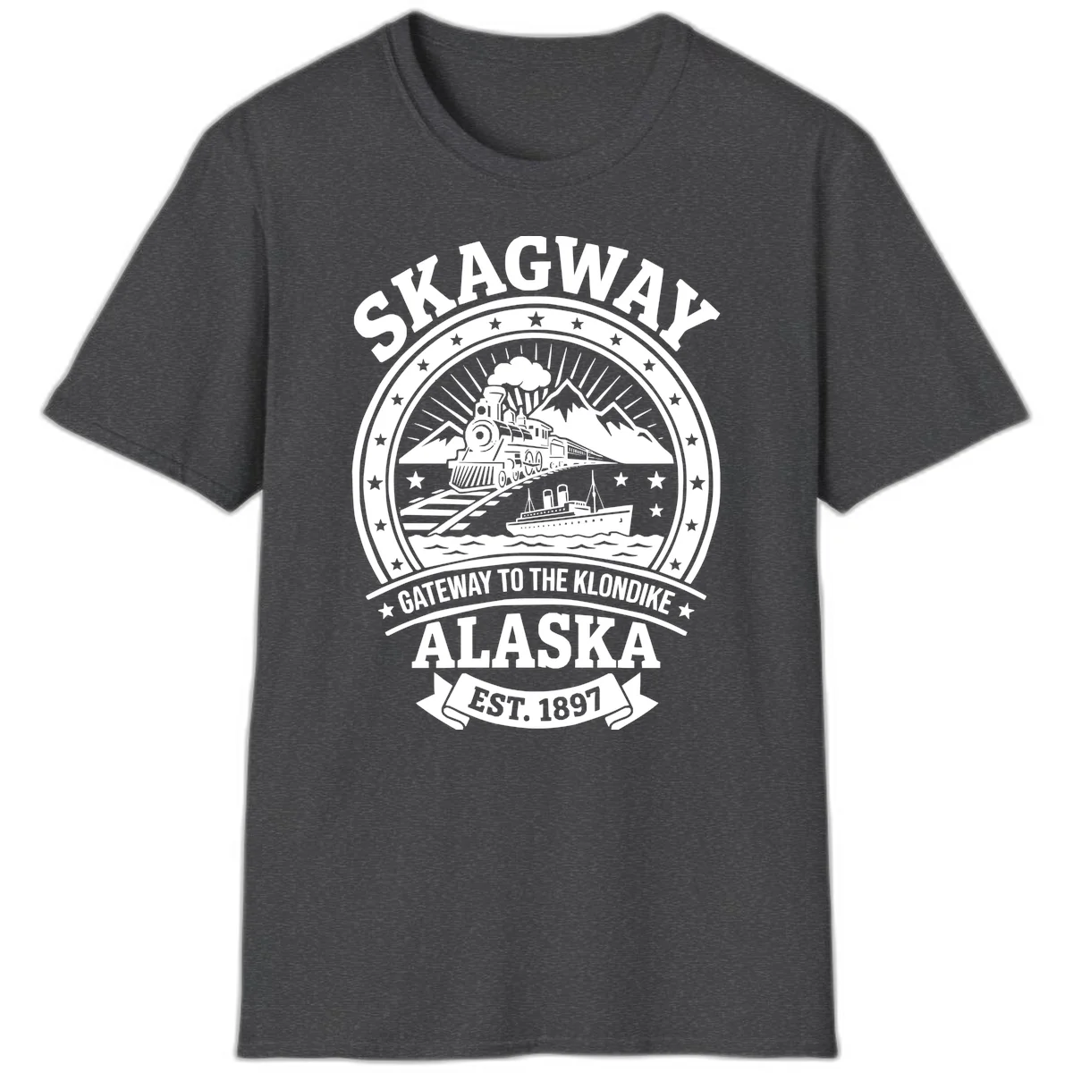 Skagway Gateway to the Klondike Vintage Badge T-Shirt in Dark Heather