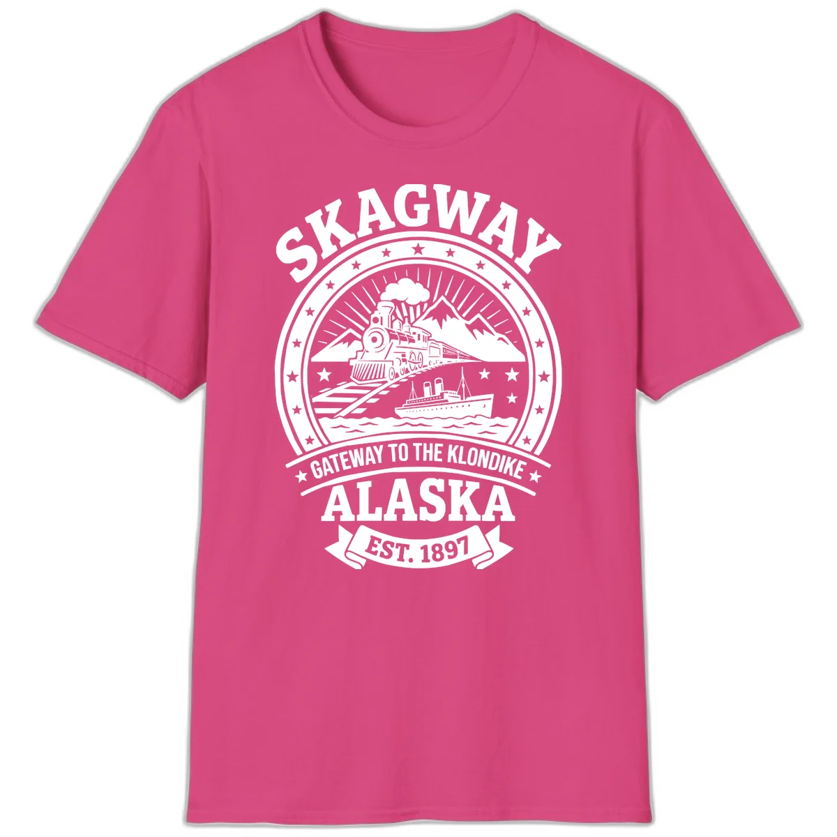 Skagway Gateway to the Klondike Vintage Badge T-Shirt in Heliconia