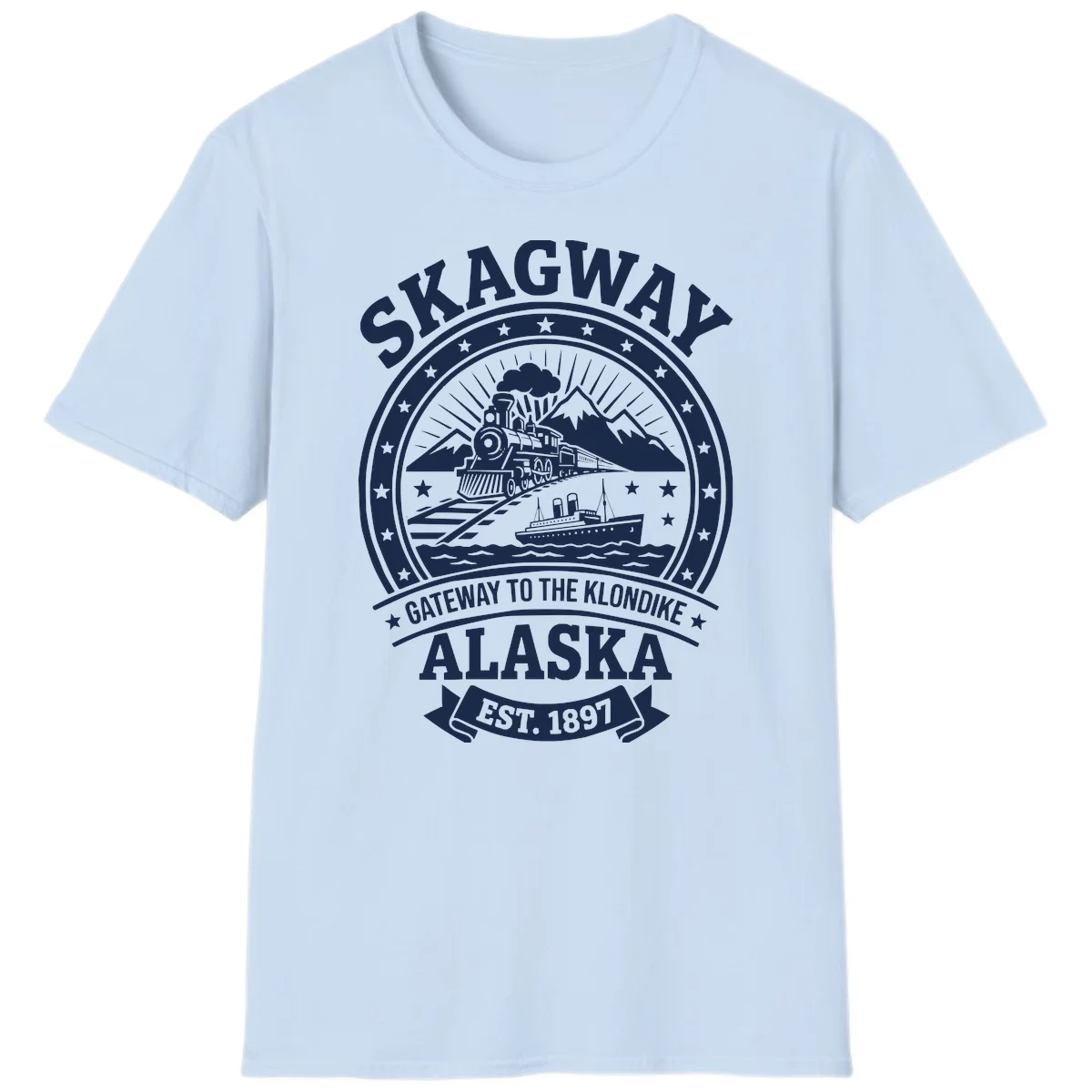 Skagway Gateway to the Klondike Vintage Badge T-Shirt in Light Blue
