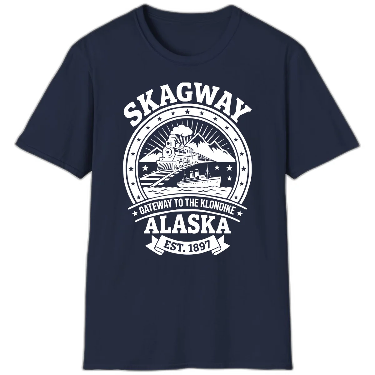 Skagway Gateway to the Klondike Vintage Badge T-Shirt in Navy