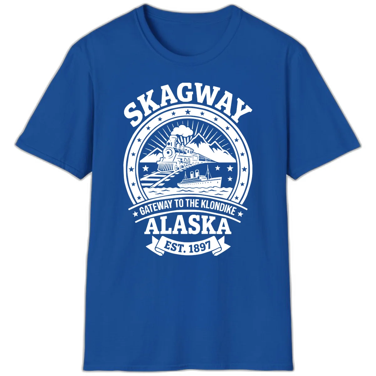 Skagway Gateway to the Klondike Vintage Badge T-Shirt in Royal