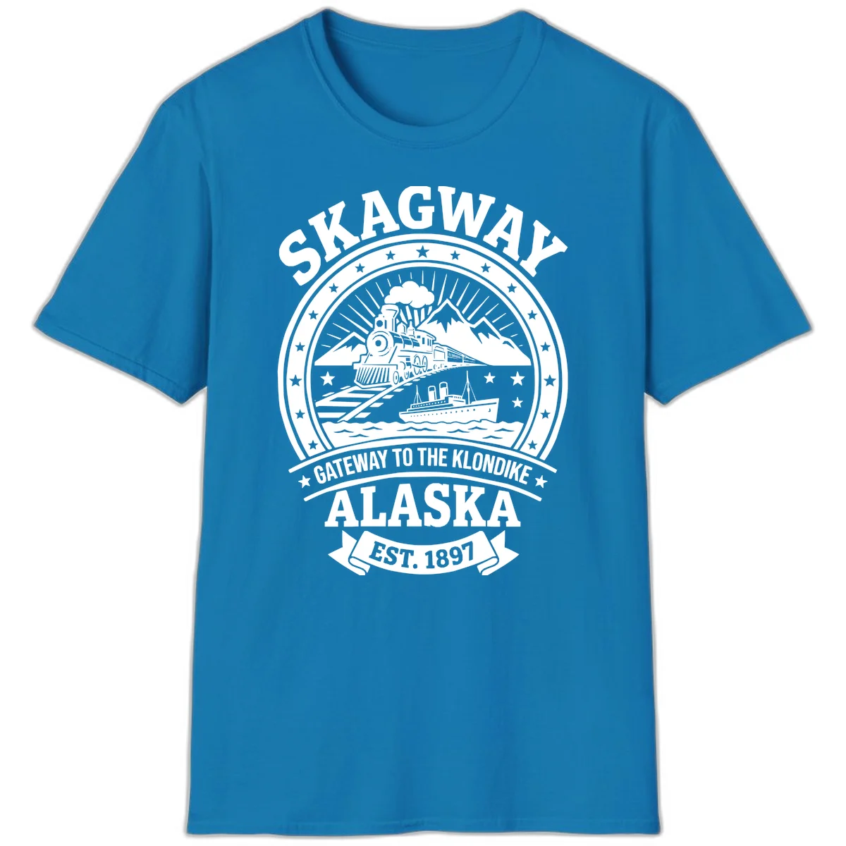 Skagway Gateway to the Klondike Vintage Badge T-Shirt in Sapphire
