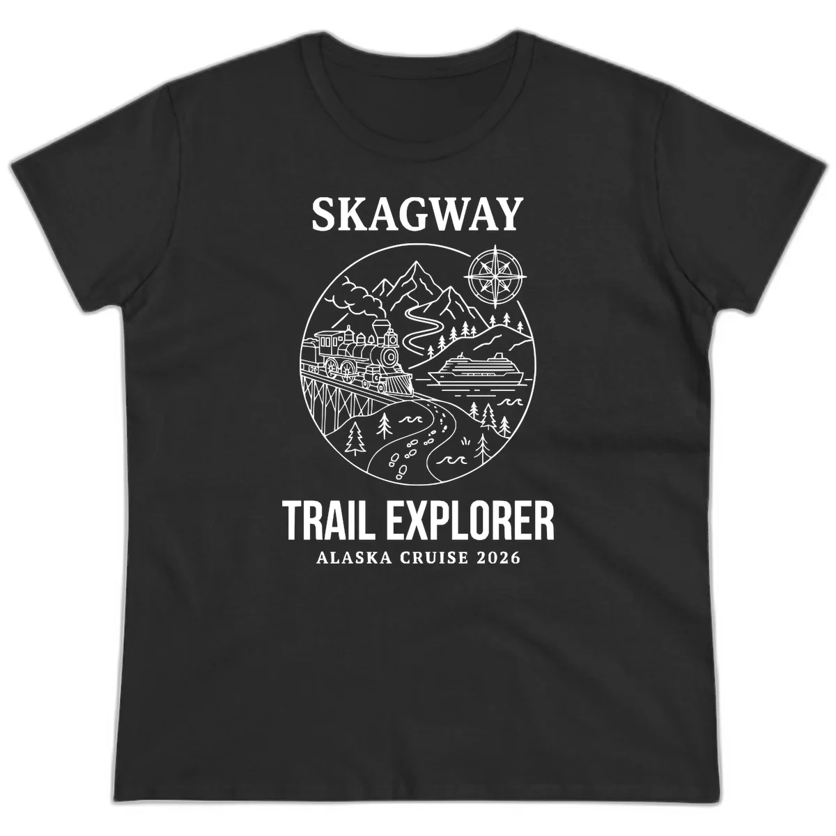 Skagway Trail Explorer Alaska Cruise Ladies Tee in Black