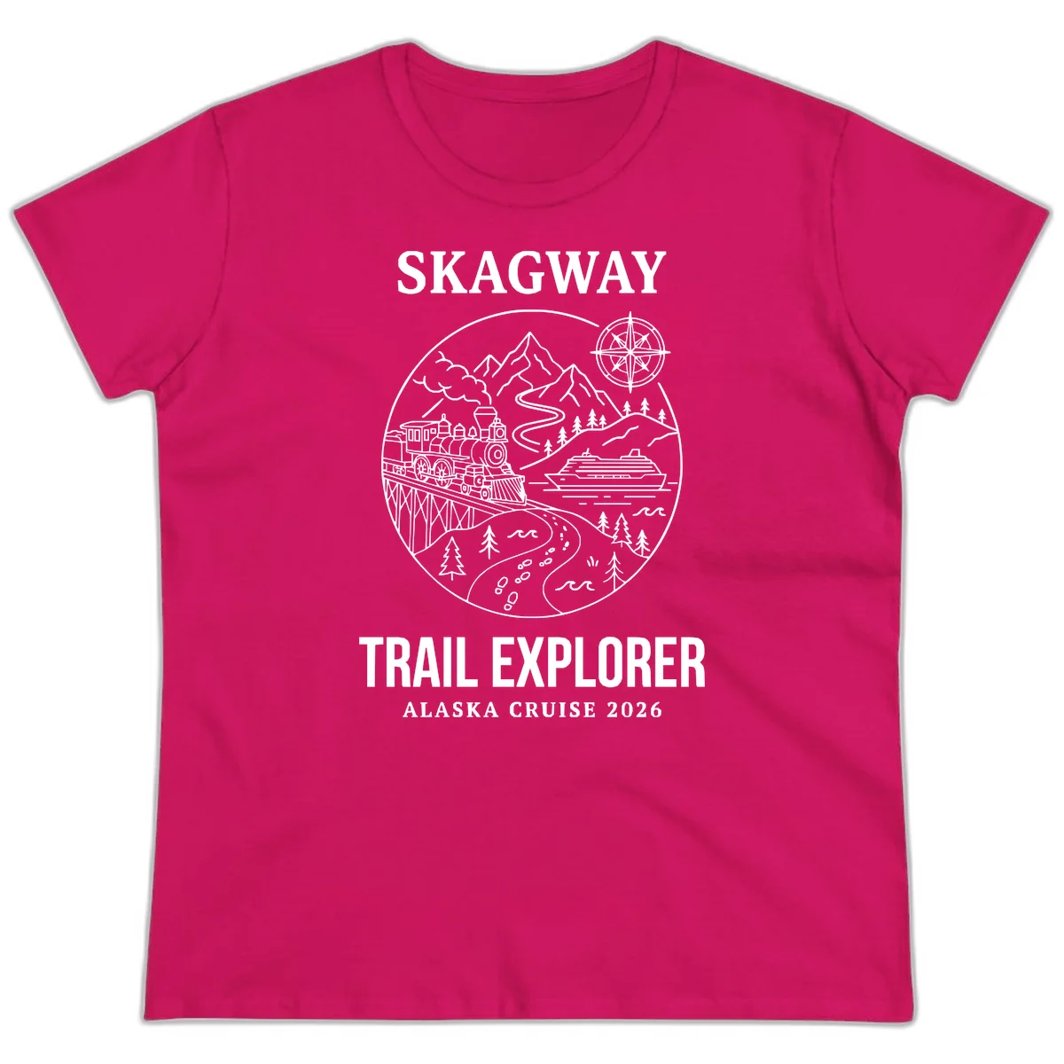 Skagway Trail Explorer Alaska Cruise Ladies Tee in Heliconia