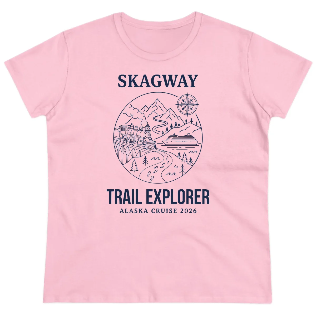Skagway Trail Explorer Alaska Cruise Ladies Tee in Light Pink