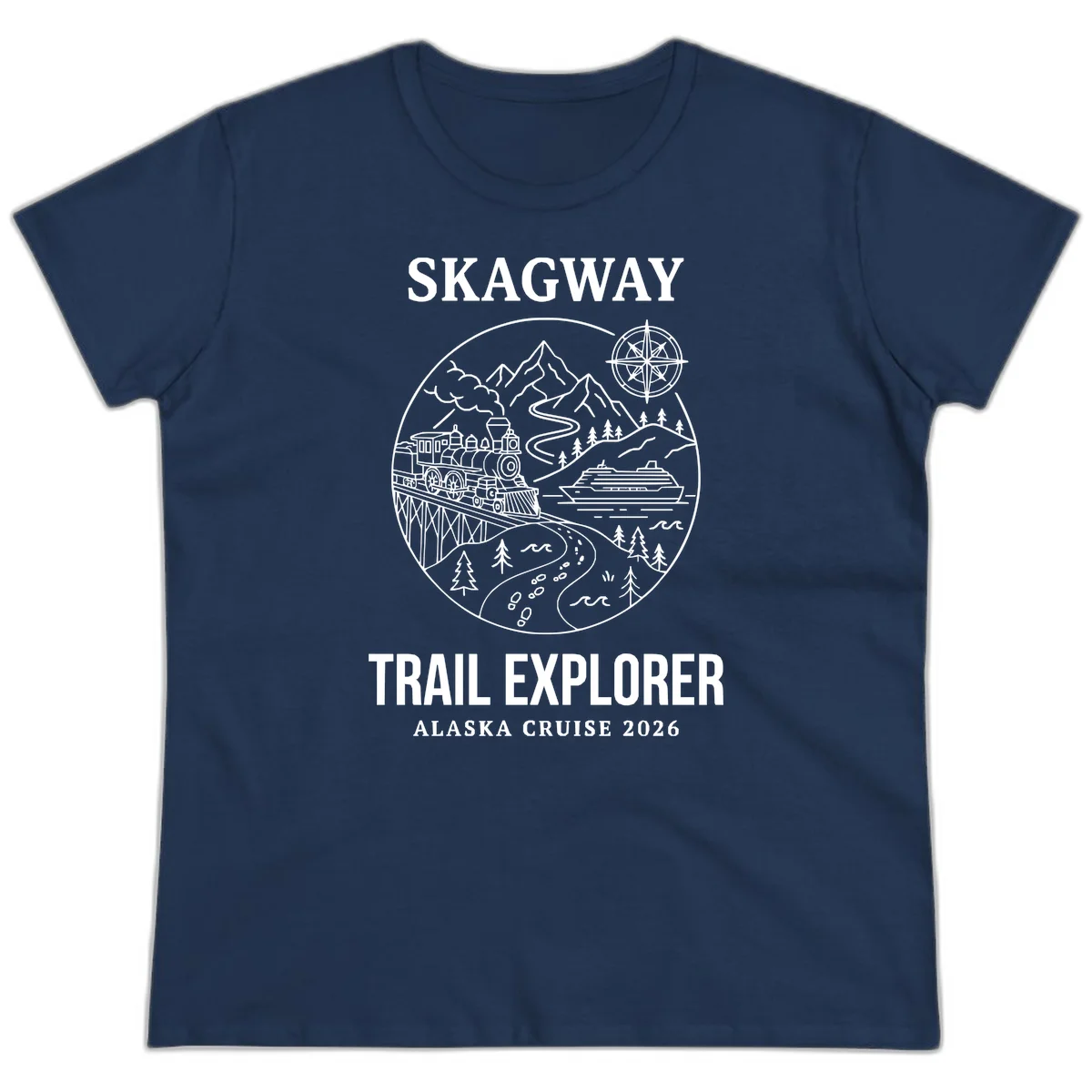 Skagway Trail Explorer Alaska Cruise Ladies Tee in Navy