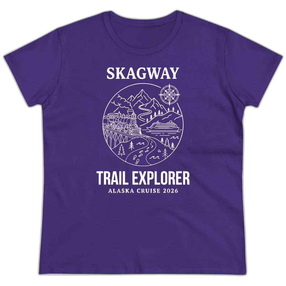 Skagway Trail Explorer Alaska Cruise Ladies Tee in Purple