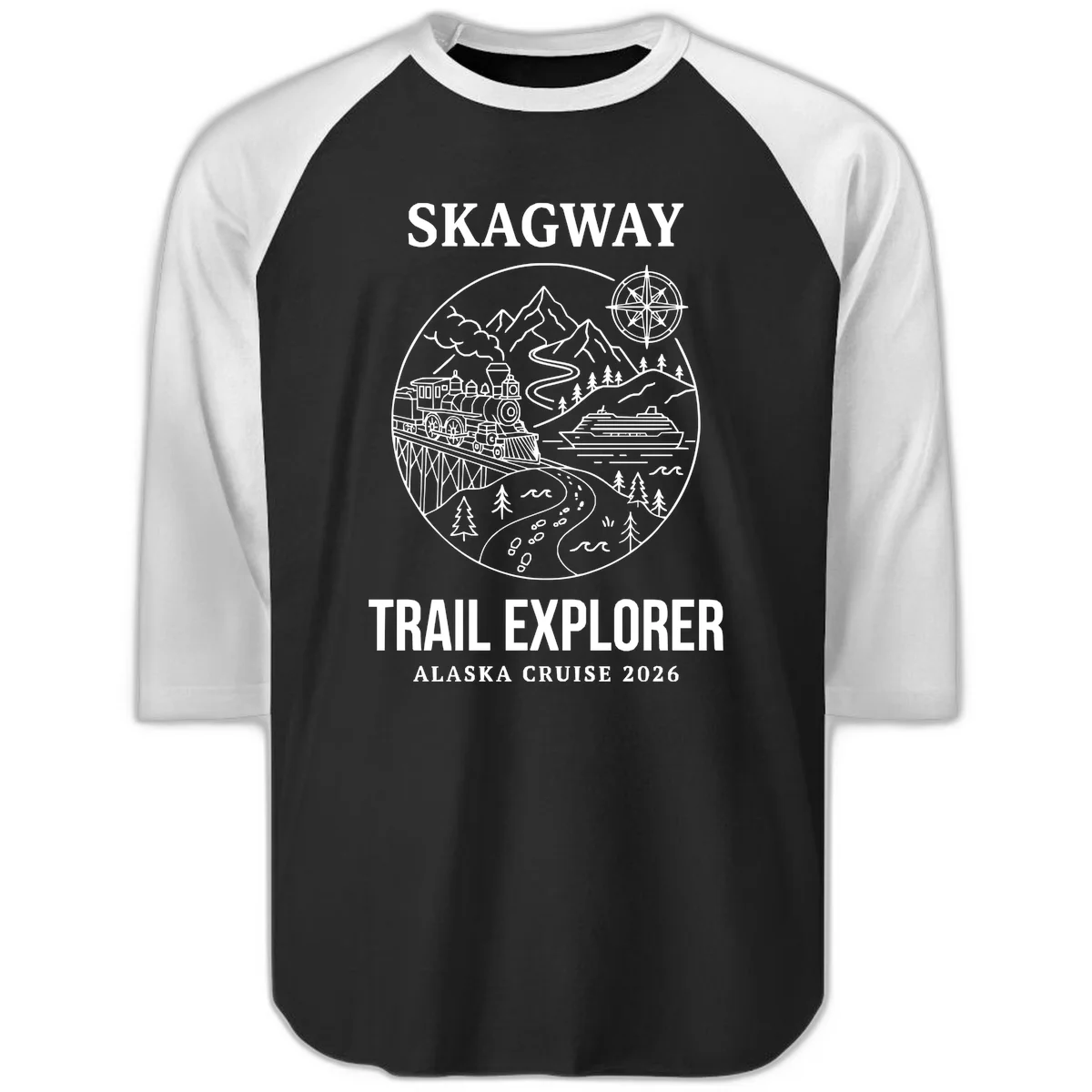 Skagway Trail Explorer Alaska Cruise Raglan 3/4 in Black White