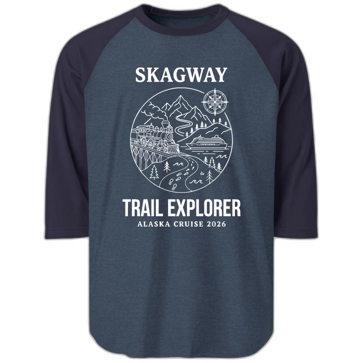 Skagway Trail Explorer Alaska Cruise Raglan 3/4 in Heather Denim Navy