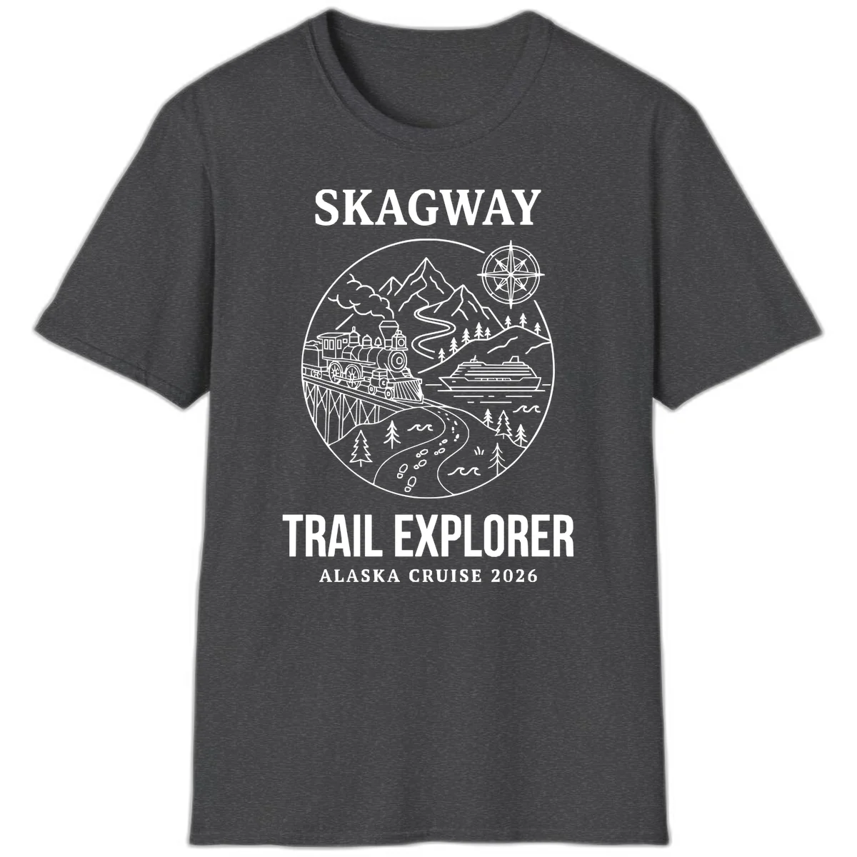 Skagway Trail Explorer Alaska Cruise T-Shirt in Dark Heather