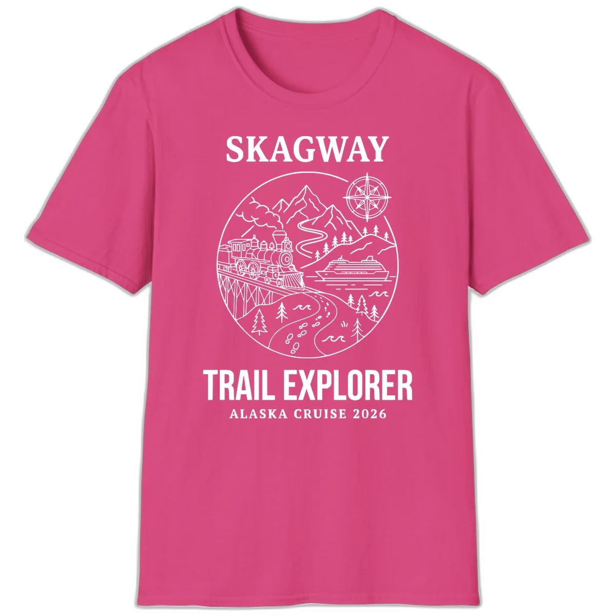 Skagway Trail Explorer Alaska Cruise T-Shirt in Heliconia