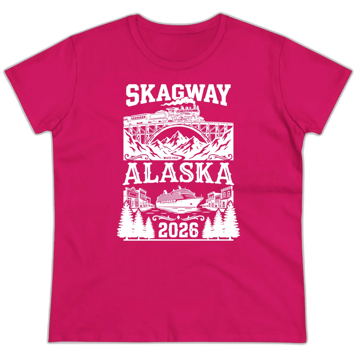 Skagway Alaska 2026 Cruise Adventure Ladies Tee in Heliconia