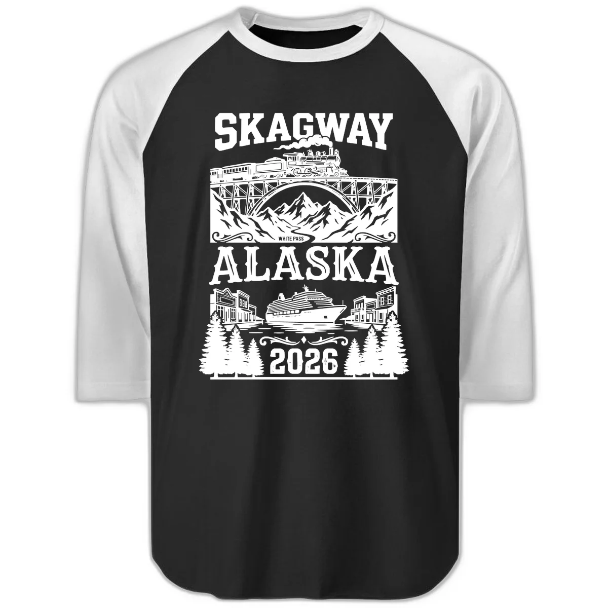 Skagway Alaska 2026 Cruise Adventure Raglan 3/4 in Black White