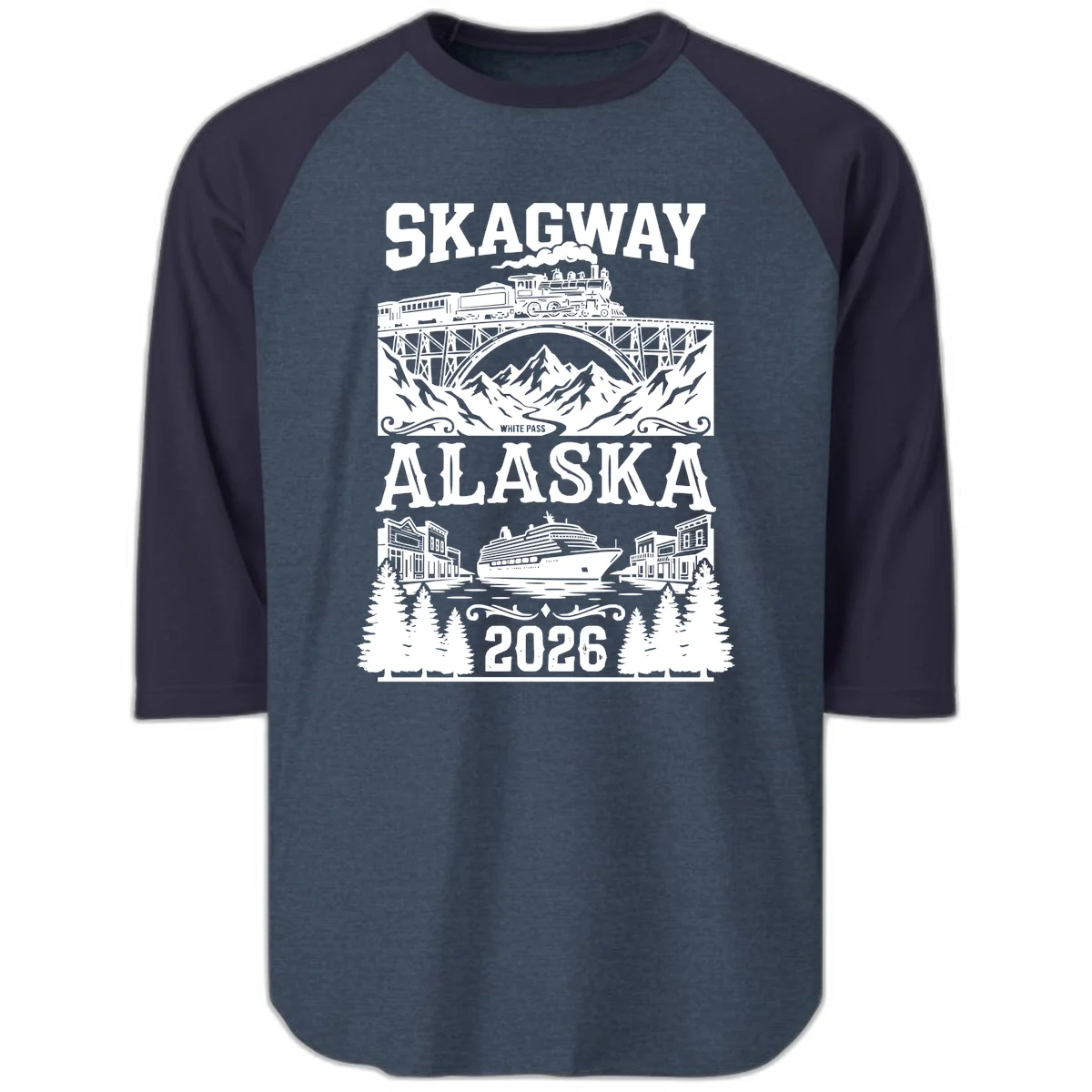 Skagway Alaska 2026 Cruise Adventure Raglan 3/4 in Heather Denim Navy