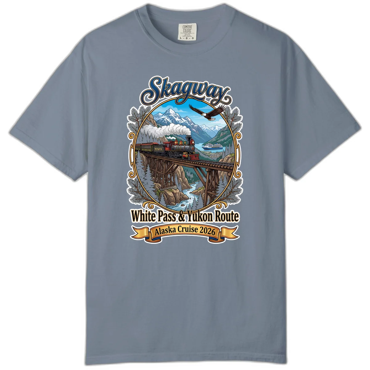 Skagway White Pass & Yukon Route Comfort Color Tee in Blue Jean