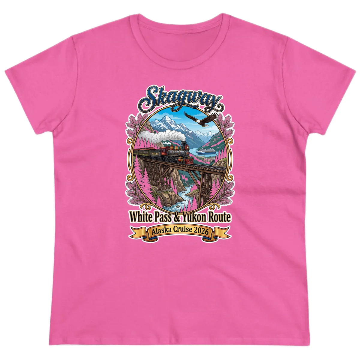 Skagway White Pass & Yukon Route Ladies Tee in Azalea