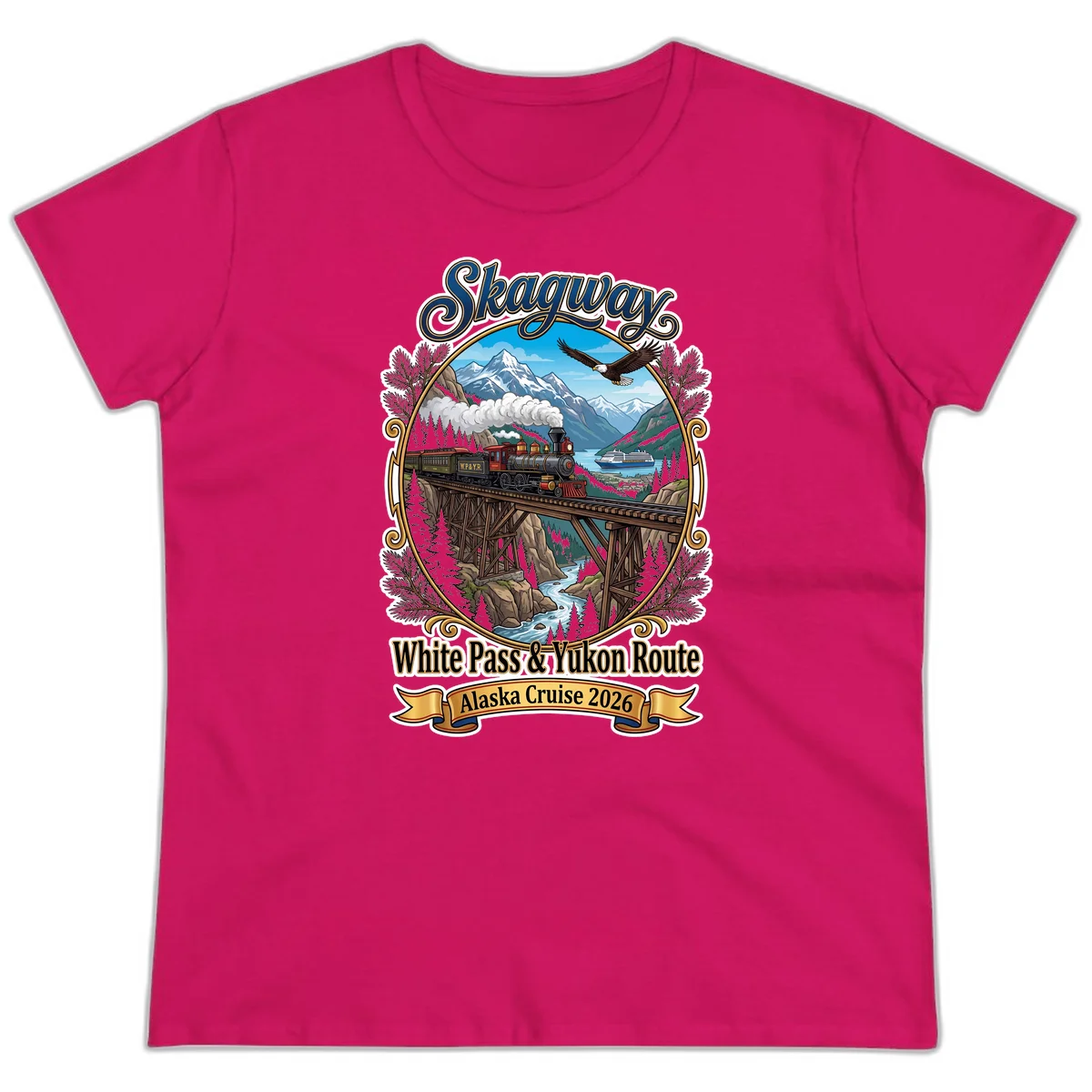 Skagway White Pass & Yukon Route Ladies Tee in Heliconia