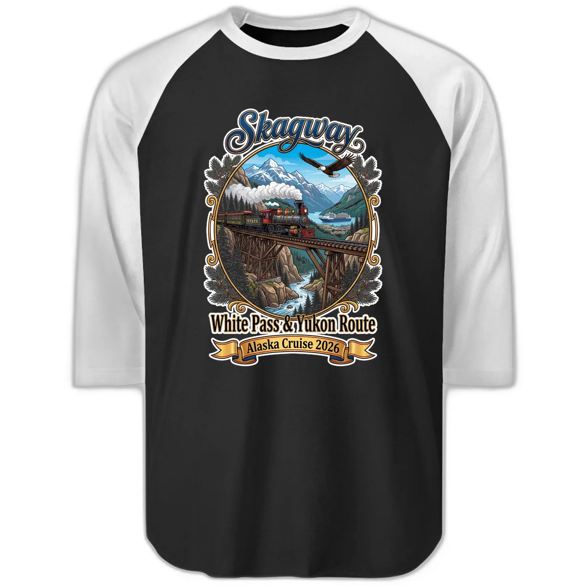 Skagway White Pass & Yukon Route Raglan 3/4 Sleeve in Black White