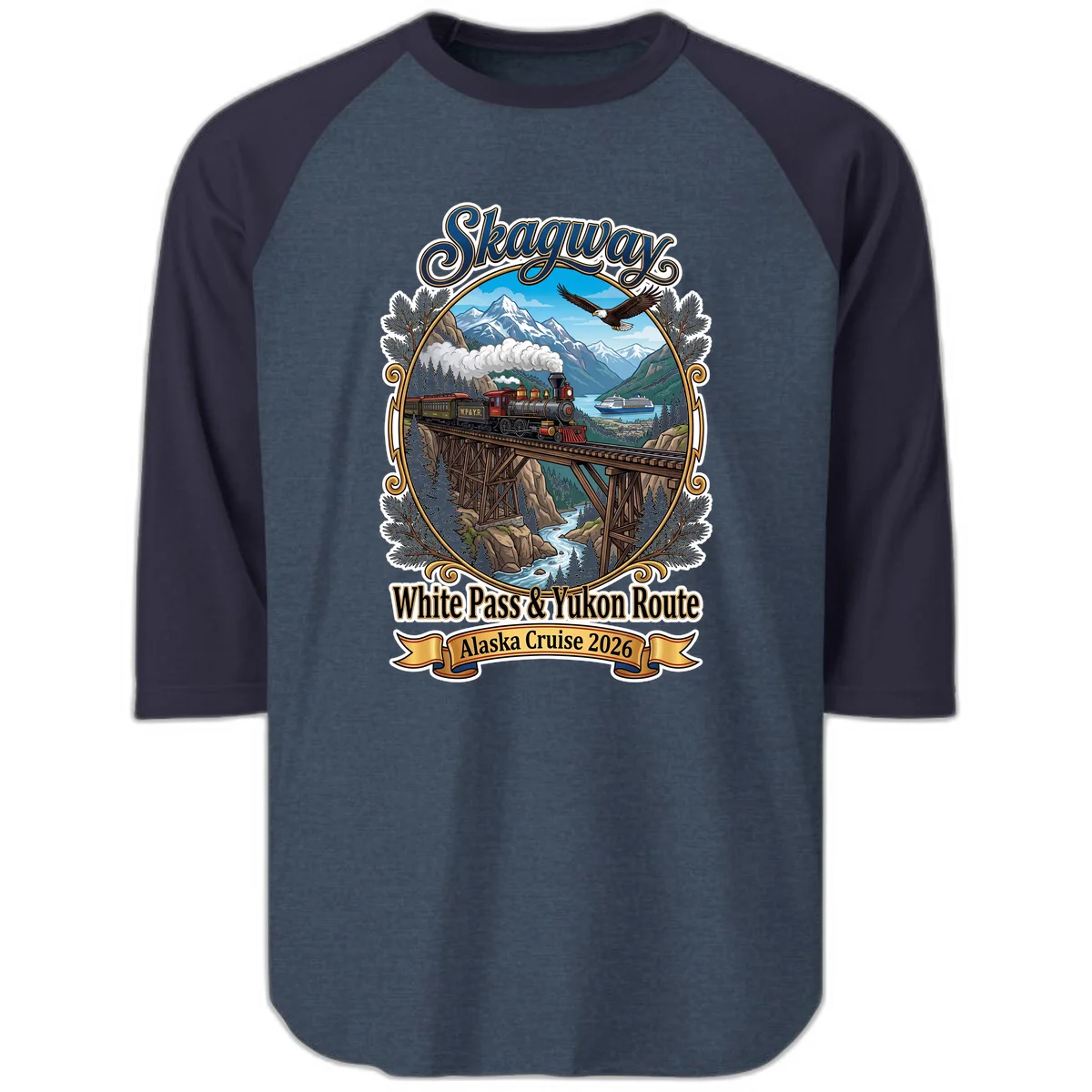 Skagway White Pass & Yukon Route Raglan 3/4 Sleeve in Heather Denim Navy