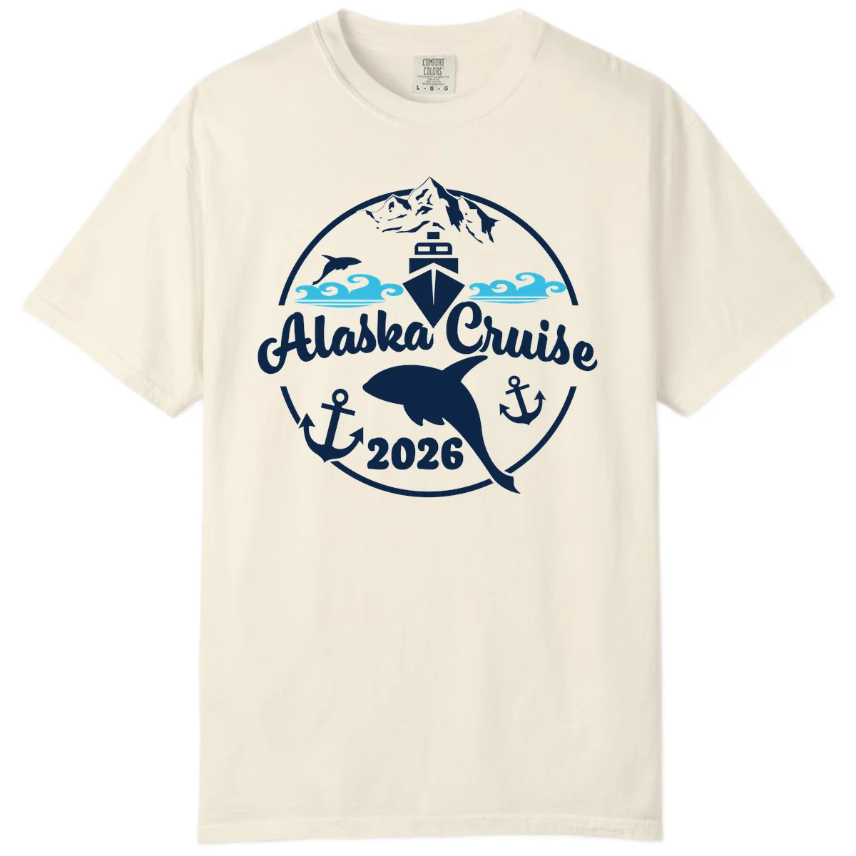 Stylized Blue Swirling Ocean Waves Graphic Comfort Color in Ivory