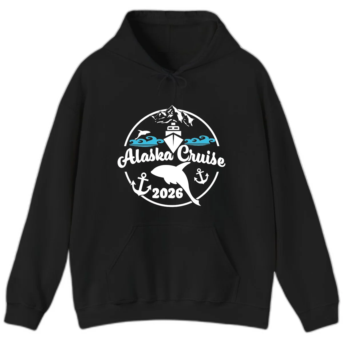 Stylized Blue Swirling Ocean Waves Graphic Hoodie in Black
