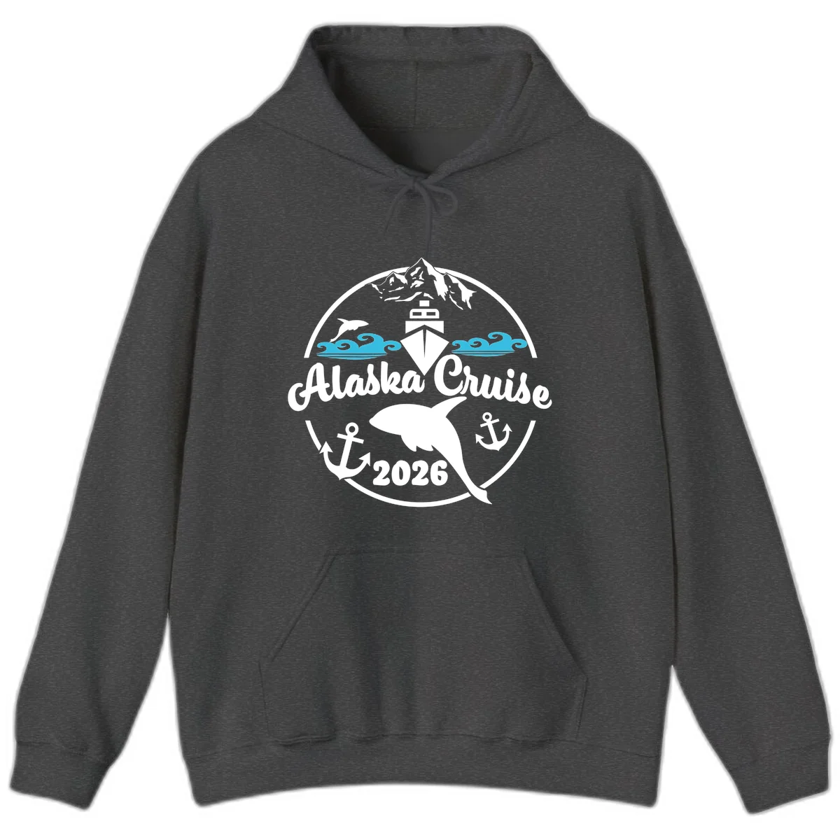 Stylized Blue Swirling Ocean Waves Graphic Hoodie in Dark Heather