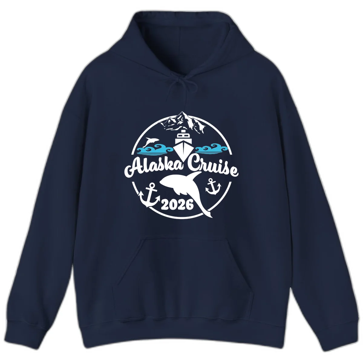 Stylized Blue Swirling Ocean Waves Graphic Hoodie in Navy