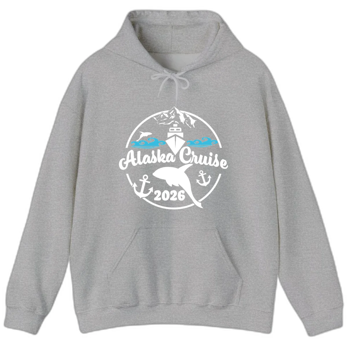Stylized Blue Swirling Ocean Waves Graphic Hoodie in Sport Grey