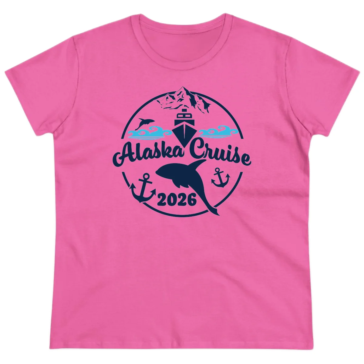 Stylized Blue Swirling Ocean Waves Graphic Ladies Tee in Azalea