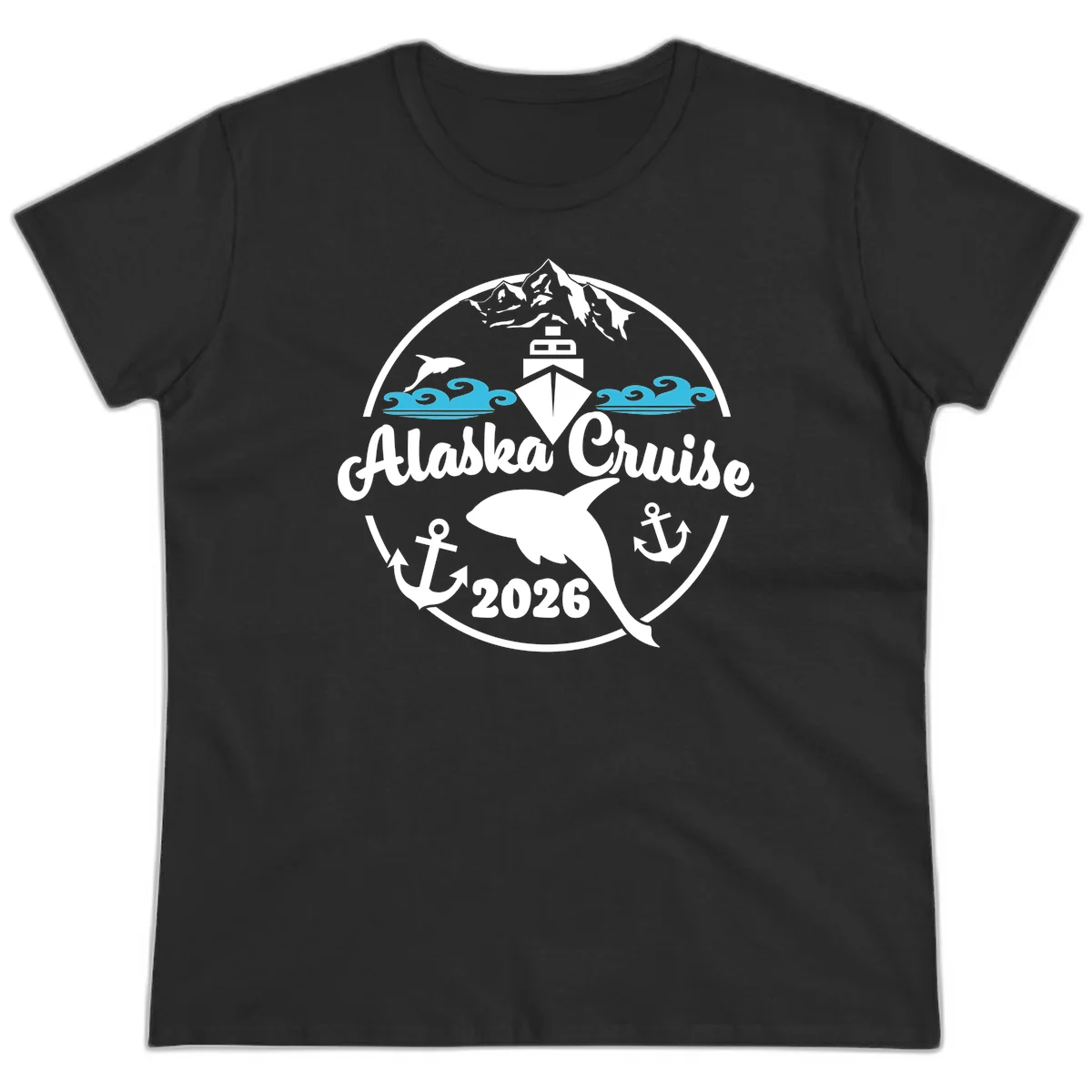 Stylized Blue Swirling Ocean Waves Graphic Ladies Tee in Black