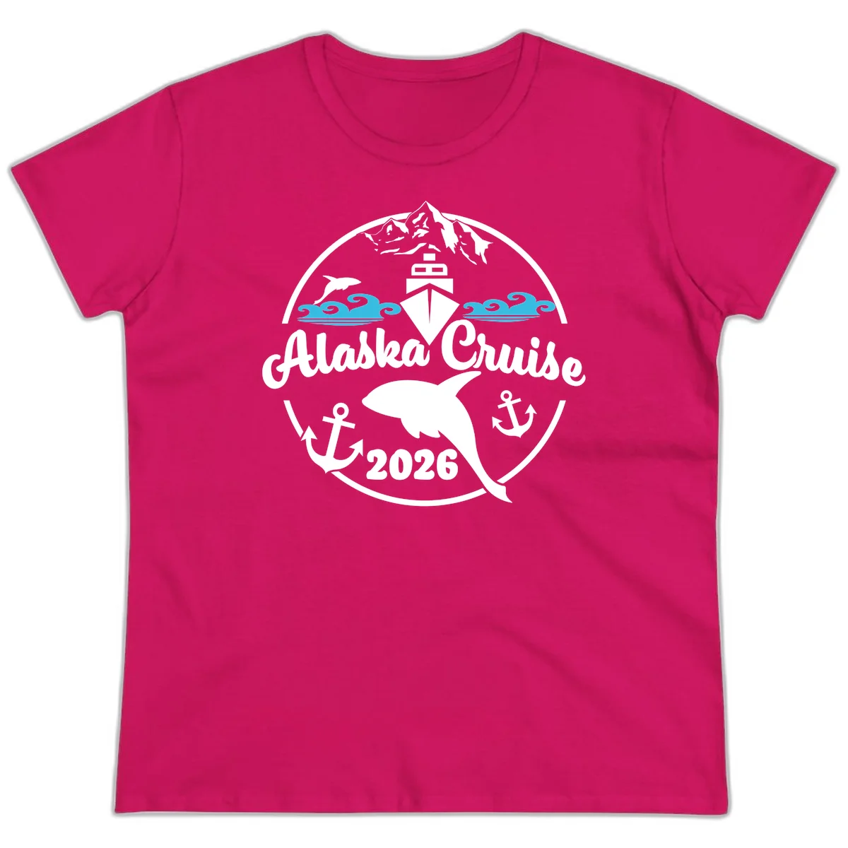 Stylized Blue Swirling Ocean Waves Graphic Ladies Tee in Heliconia