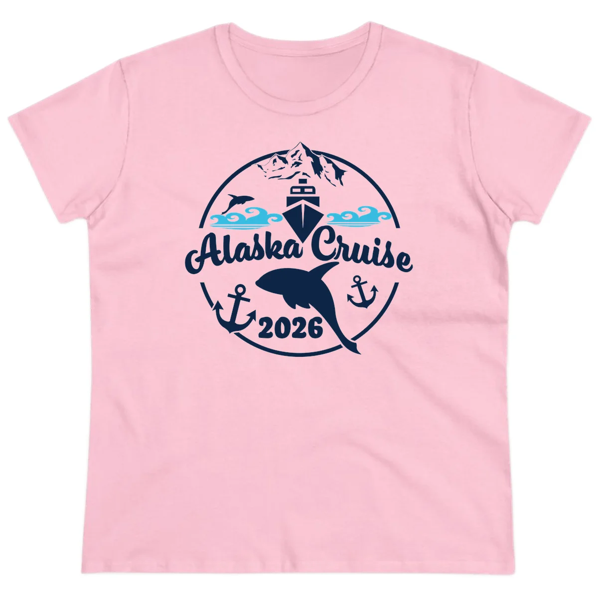 Stylized Blue Swirling Ocean Waves Graphic Ladies Tee in Light Pink