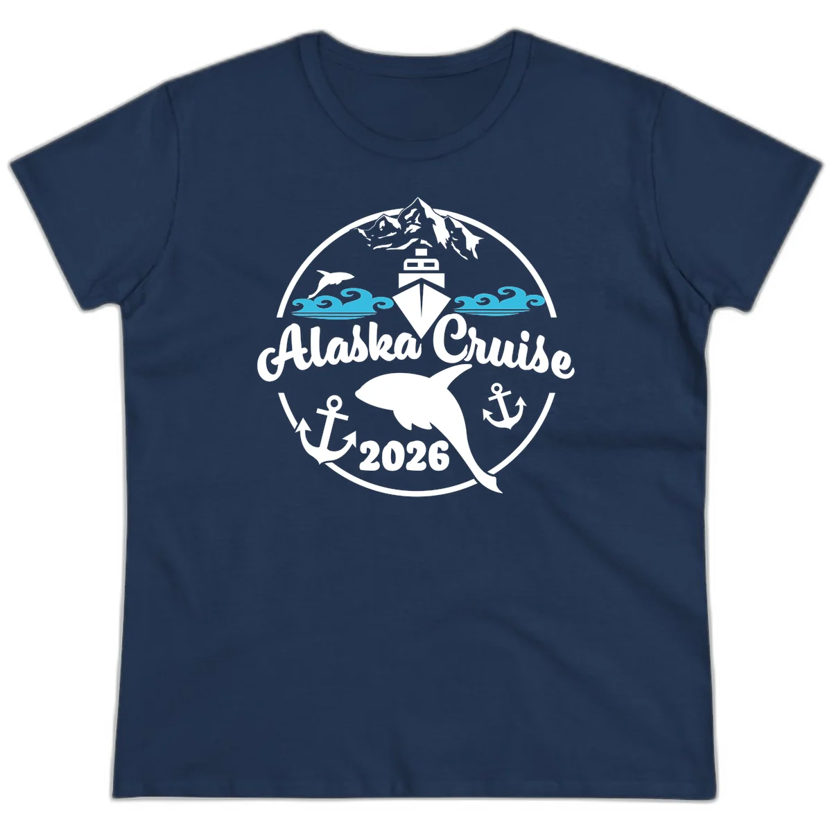 Stylized Blue Swirling Ocean Waves Graphic Ladies Tee in Navy