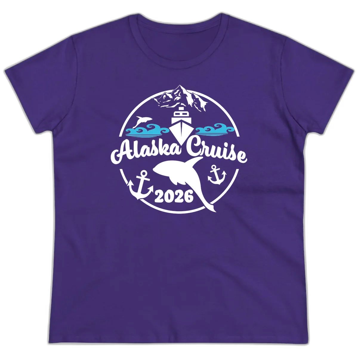 Stylized Blue Swirling Ocean Waves Graphic Ladies Tee in Purple
